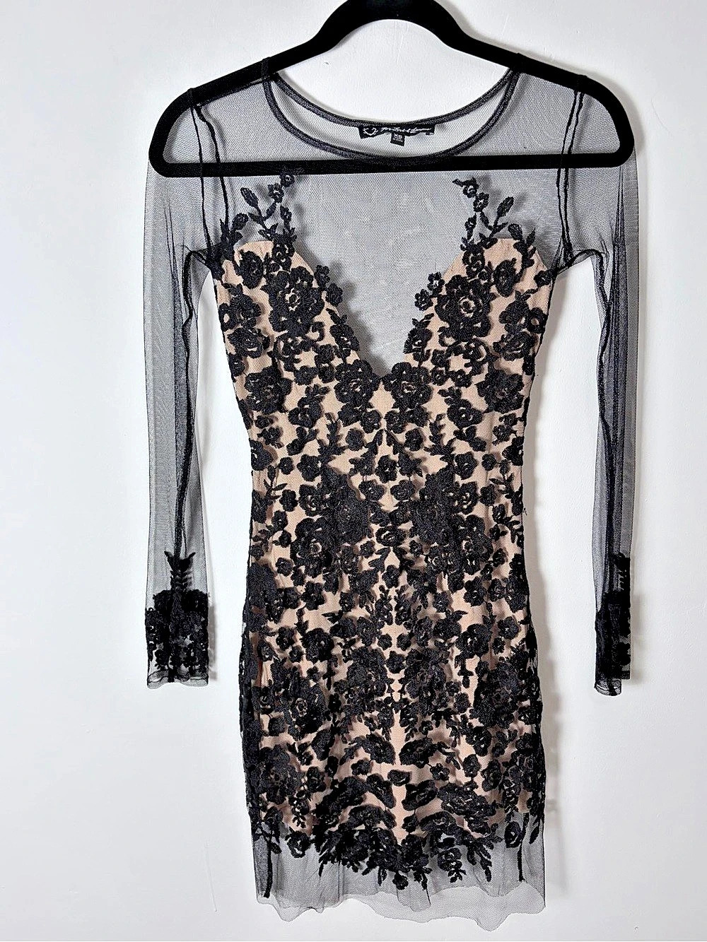 For Love & Lemons Black Floral Lace Illusion Long Sleeve Mini Dress XS